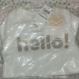 First Impressions White Ribbed Baby Top with Metallic Beige "hello!"